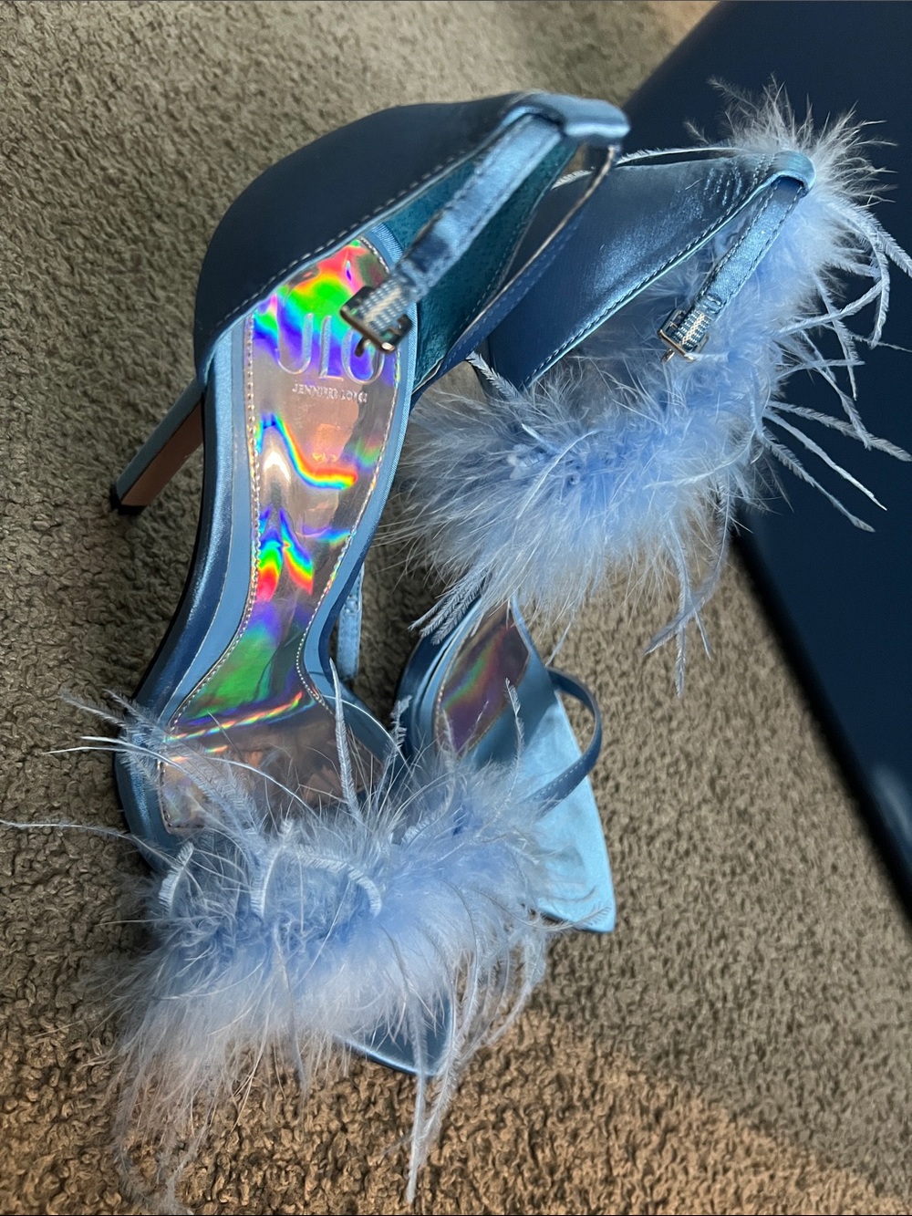 JLO Light Blue Feather Strap High Heel Sandals
